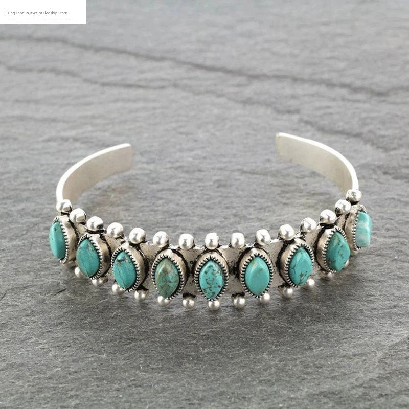 New Bohemian Style Natural Turquoise Open-Ended Bracelet Amazon Hot Vintage Pattern Bracelet Bracelet for Women