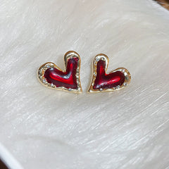 Cute and Classic: Red Enamel Metal Heart Earrings for Women with Gold Plating Post Studs