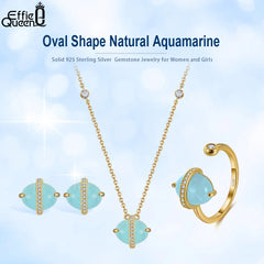 Effie Queen 925 Sterling Silver Aquamarine Jewelry Set 14K Gold Plated Gemstone Earrings Necklace Ring Set Jewelry Gift SSGM04