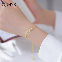 Korean Light Luxury Tulip Flower Bracelet: Shiny Zircon Opal Beaded Adjustable Charm Bracelet for Women