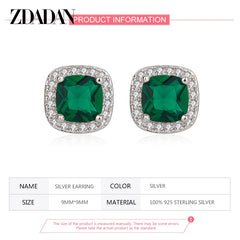 ZDADAN 925 Sterling Silver 9mm Square Emerald Earring For Women Fashion Jewelry