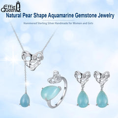 Effie Queen Natural Aquamarine Gemstone 925 Sterling Silver Jewelry Set Earrings Ring Necklace Set Bridal Wedding Jewelry SSGM05