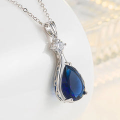 Luxury Water Drop Shape Sapphire Zircon Gemstone Pendant Necklace: 925 Silver Jewelry for Women