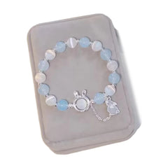 Rabbit Pendant Opal Beaded Bracelet: Aqua Blue Moonstone Crystal Hand String Chain