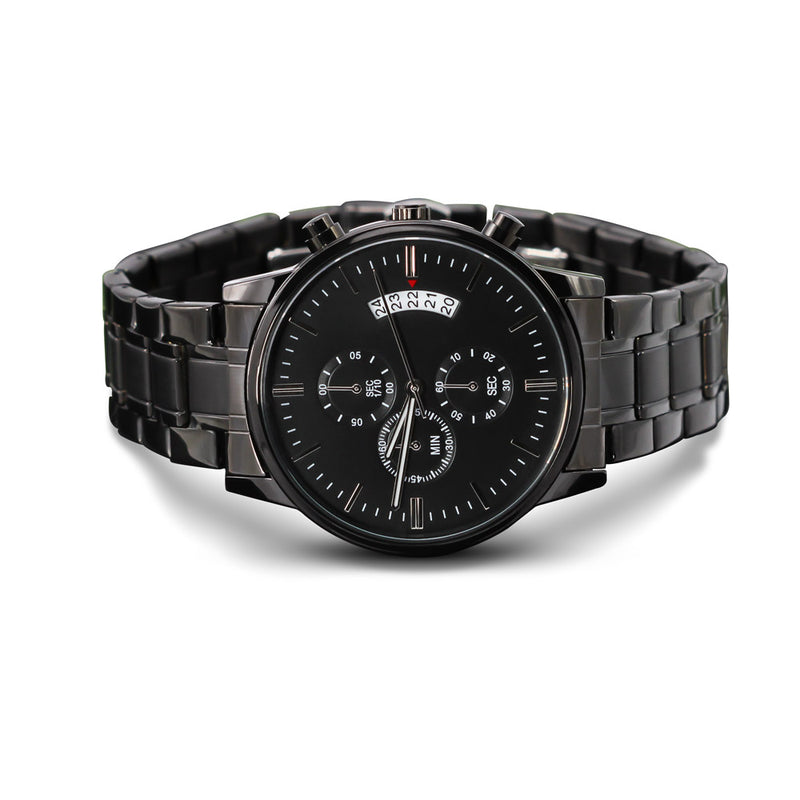 Timekeeper's Tribut:  Personalized Black Chronograph Watch