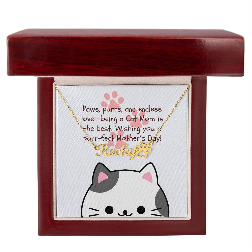 Meow & Forever – Paw Print Name Necklace for Cat Moms on Mother's Day