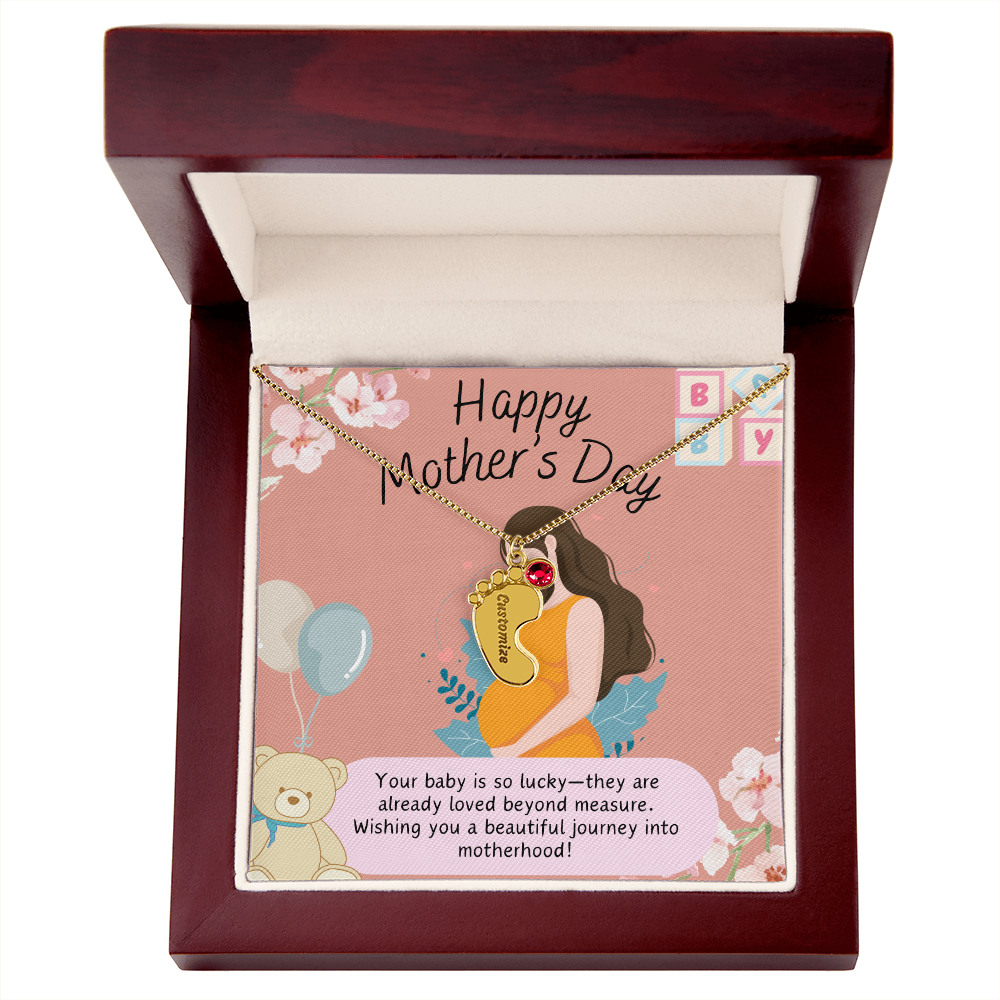 A Mother's Love Begins Before Birth – Engraved Baby Feet Necklace with Birthstone for Mother's Day