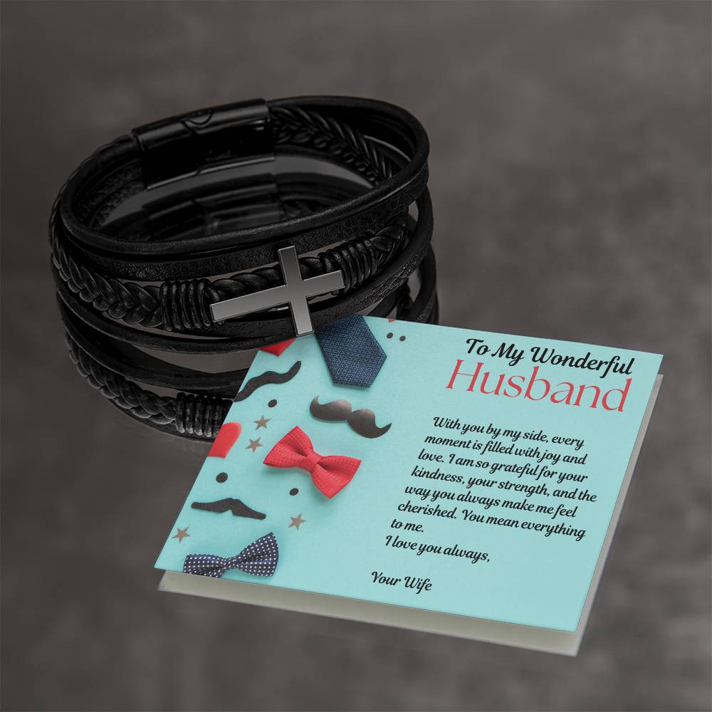 Men's Cross Leather Bracelet - To My Beloved Husband