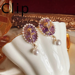 Retro Elegance: Vintage Palace Exquisite Pearl Amethyst Gemstone Earrings with Oval Rose Charm Ear Clip