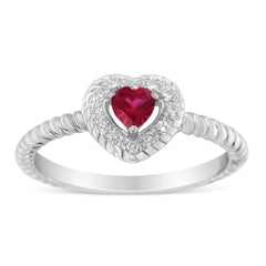 Sterling Silver Heart Ring with 4MM Lab-Created Ruby and Diamond Accents