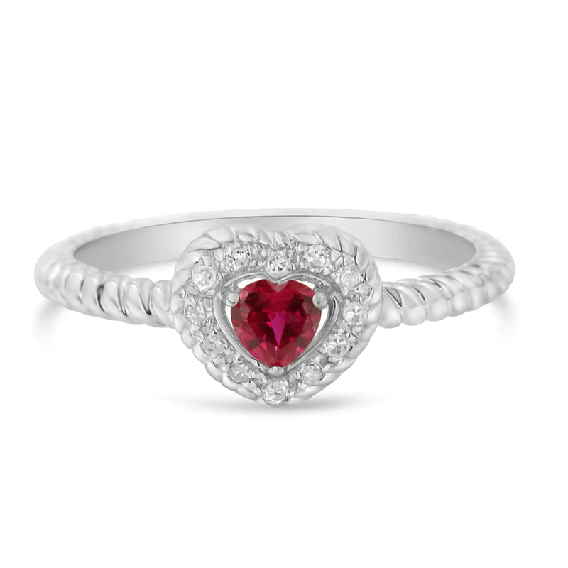 Sterling Silver Heart Ring with 4MM Lab-Created Ruby and Diamond Accents