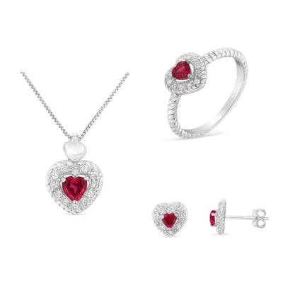 925 Sterling Silver Jewelry Set: 3/4 Cttw Lab - Created Ruby and 1/4 Cttw Diamond Heart Ring, Earrings, and Pendant Necklace - Gadget and Glam Shop