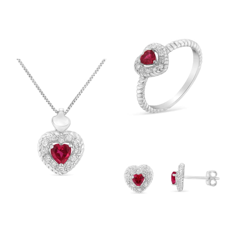 925 Sterling Silver Jewelry Set: 3/4 Cttw Lab-Created Ruby and 1/4 Cttw Diamond Heart Ring, Earrings, and Pendant Necklace