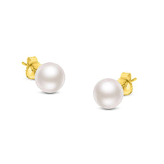 14K Gold Round White Saltwater Akoya Cultured Pearl Stud Earrings AAA+ Quality - Choice of Size