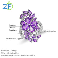 Fashion Bloom: 925 Sterling Silver Ring for Women, 7ct Natural Amethyst Rhodolite Gem in a Floral Style