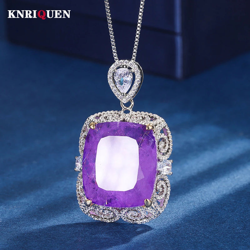 Vintage Opulence: Luxury 20*23mm Amethyst Pendant Chain Necklace for Women with Lab Diamond Accents