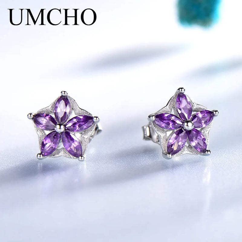 Romantic Bloom: Real 925 Sterling Silver Nano Amethyst Stud Earrings