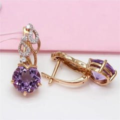 Elegantly Romantic: 14K Rose Gold Plated Purple Amethyst Crystal Drop Earrings for Women