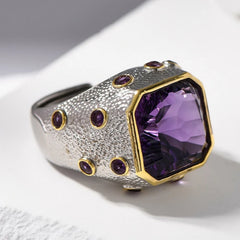 Ancient Allure: 925 Sterling Silver Rings with Square-Cut Natural Amethyst