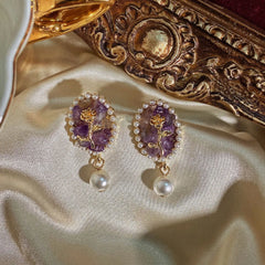 Retro Elegance: Vintage Palace Exquisite Pearl Amethyst Gemstone Earrings with Oval Rose Charm Ear Clip