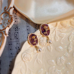 Retro Elegance: Vintage Palace Exquisite Pearl Amethyst Gemstone Earrings with Oval Rose Charm Ear Clip