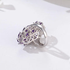 Fashion Bloom: 925 Sterling Silver Ring for Women, 7ct Natural Amethyst Rhodolite Gem in a Floral Style