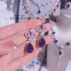 Chic Crowned Elegance: New Trend Water Drop Amethyst Wedding Earrings in Silver