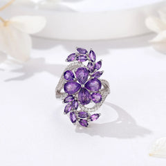 Fashion Bloom: 925 Sterling Silver Ring for Women, 7ct Natural Amethyst Rhodolite Gem in a Floral Style