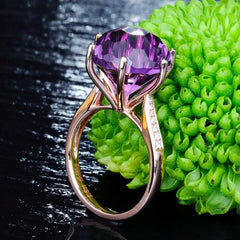 Glamorous Elegance: 18K Rose Gold Brazilian Natural Amethyst Ring with Six-Claw Diamond Style and Vibrant Gemstones