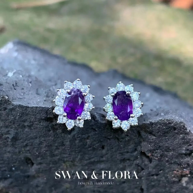 Genuine Elegance: Natural Amethyst 925 Sterling Silver Stud Earrings with 1.4ct Ocean Blue Topaz Oval and Pave CZ