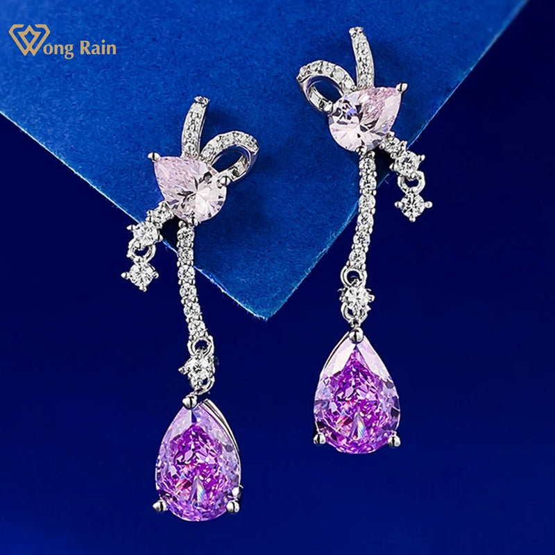 Pear-cut Perfection: 925 Sterling Silver Amethyst Drop Earrings with High Carbon Diamond Accents