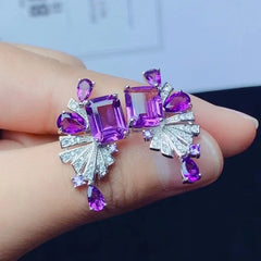 Party-Perfect Sparkle: Dazzling Crystal Stud Earrings with 6ct Natural Amethyst, 925 Silver, and 18K Gold Plating