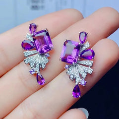 Party-Perfect Sparkle: Dazzling Crystal Stud Earrings with 6ct Natural Amethyst, 925 Silver, and 18K Gold Plating