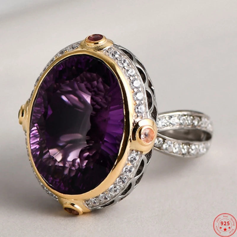 Modern Chic: 925 Sterling Silver Rings with Oval Natural Amethyst, Occidental Topaz, and Zircon