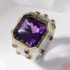 Ancient Allure: 925 Sterling Silver Rings with Square-Cut Natural Amethyst