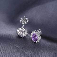 Timeless Glamour: Natural Amethyst Halo Stud Earrings in 925 Sterling Silver for Women's Fashion Classic