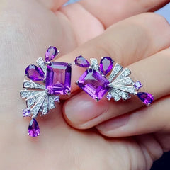 Party-Perfect Sparkle: Dazzling Crystal Stud Earrings with 6ct Natural Amethyst, 925 Silver, and 18K Gold Plating