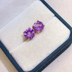 Stunning Simplicity: 8mm VVS Grade Natural Amethyst Stud Earrings, 2ct Brilliant Rounds, 925 Silver