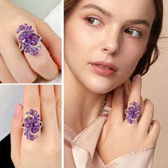 Fashion Bloom: 925 Sterling Silver Ring for Women, 7ct Natural Amethyst Rhodolite Gem in a Floral Style