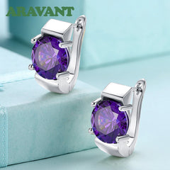 925 Silver Amethyst Hoop Earrings For Women