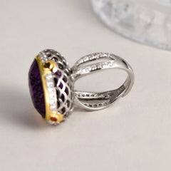 Modern Chic: 925 Sterling Silver Rings with Oval Natural Amethyst, Occidental Topaz, and Zircon