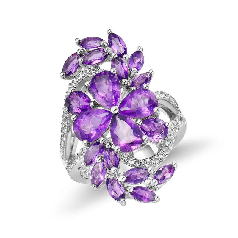 Fashion Bloom: 925 Sterling Silver Ring for Women, 7ct Natural Amethyst Rhodolite Gem in a Floral Style