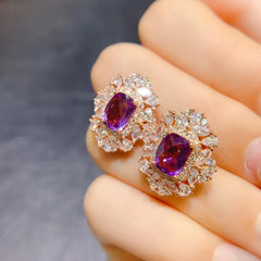 Genuine Beauty: Natural Amethyst Stud Earrings, Antiallergic 925 Silver with 3 Layers of 18K Gold Plating