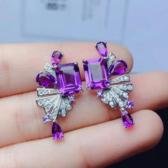 Party-Perfect Sparkle: Dazzling Crystal Stud Earrings with 6ct Natural Amethyst, 925 Silver, and 18K Gold Plating