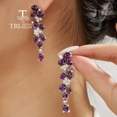 Chic Elegance: Gorgeous Designer Long Silver Earrings with Natural Amethyst Gems