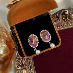 Retro Elegance: Vintage Palace Exquisite Pearl Amethyst Gemstone Earrings with Oval Rose Charm Ear Clip