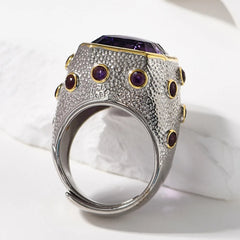 Ancient Allure: 925 Sterling Silver Rings with Square-Cut Natural Amethyst