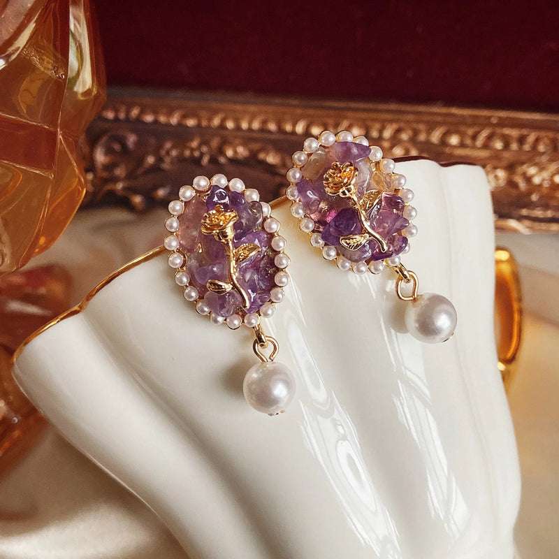 Retro Elegance: Vintage Palace Exquisite Pearl Amethyst Gemstone Earrings with Oval Rose Charm Ear Clip