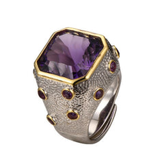 Ancient Allure: 925 Sterling Silver Rings with Square-Cut Natural Amethyst