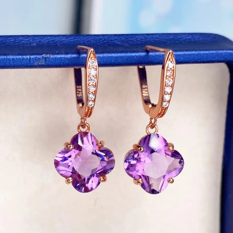 Luxury in Bloom: 18K Rose Gold Amethyst Clover Dangle Earrings with Zircons, 925 Silver Rhinestone Topaz Accent